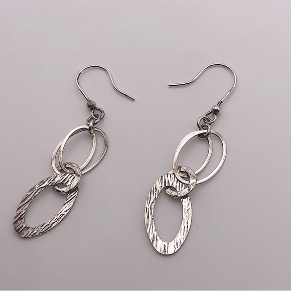 VTG Sterling Silver Brushed Woodgrain Design Circle Link Earrings 925 Italy 2.4” - Picture 1 of 4